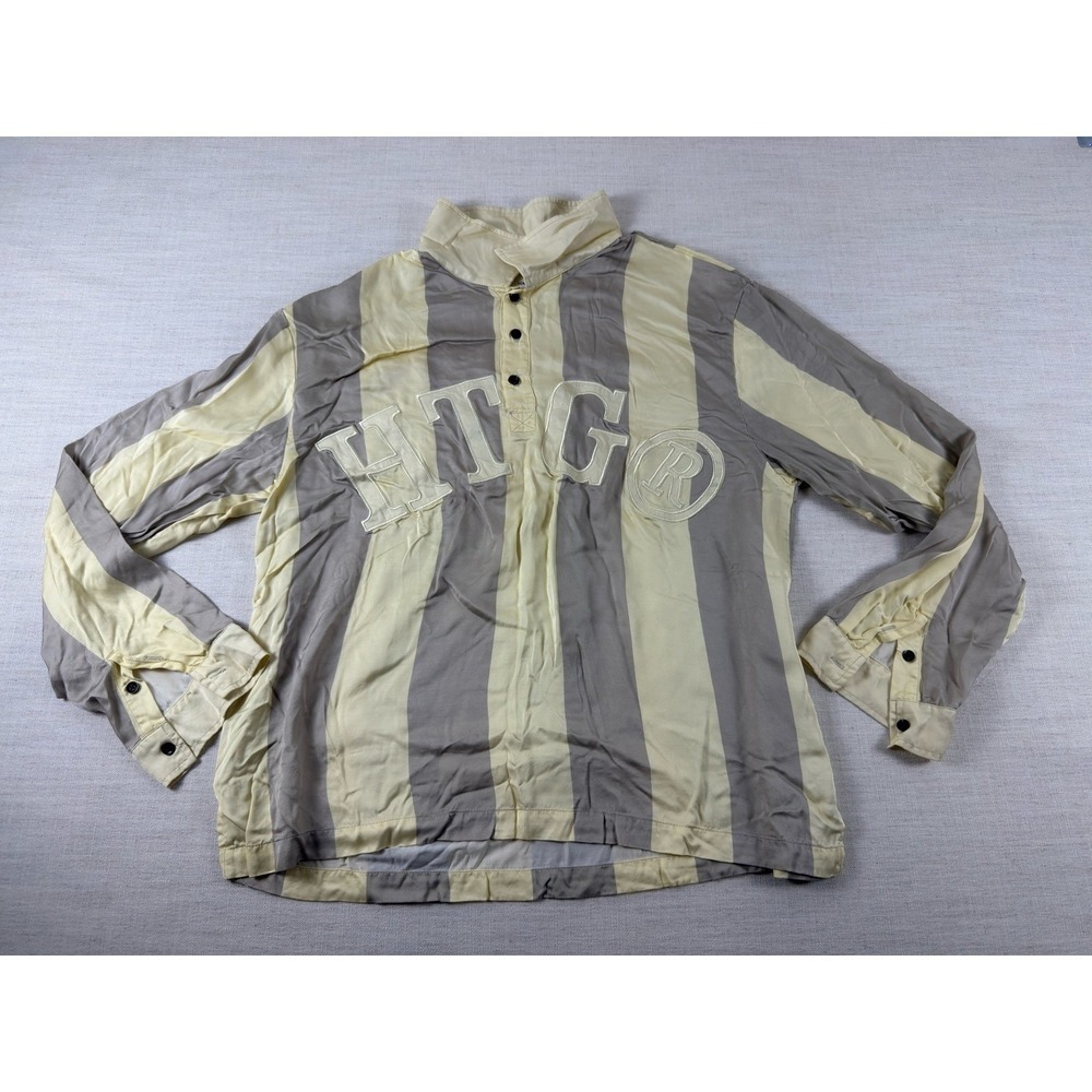 Honor The Gift Mens XL Striped HTG Applique Long Sleeve Henley Shirt Cream Grey